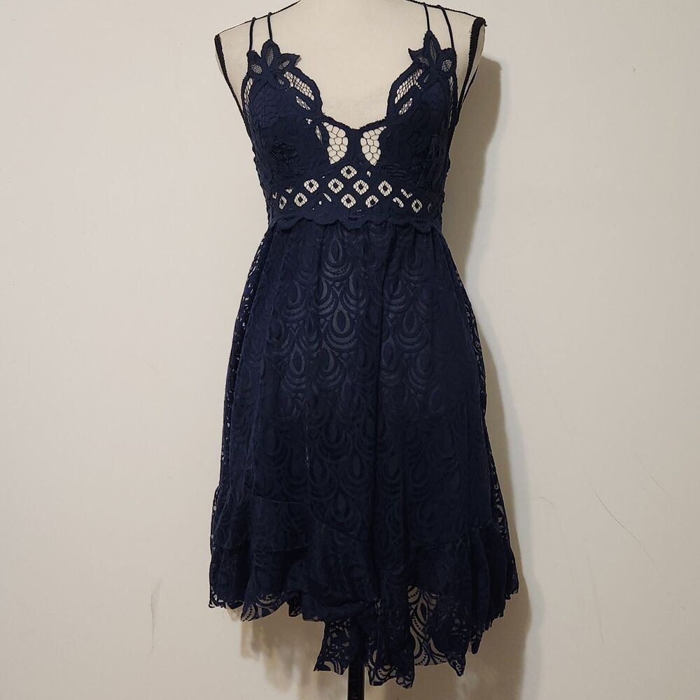 Free People Adella Navy blue Crochet Fairy dress Whimsigoth Witchcore Boho XS/S